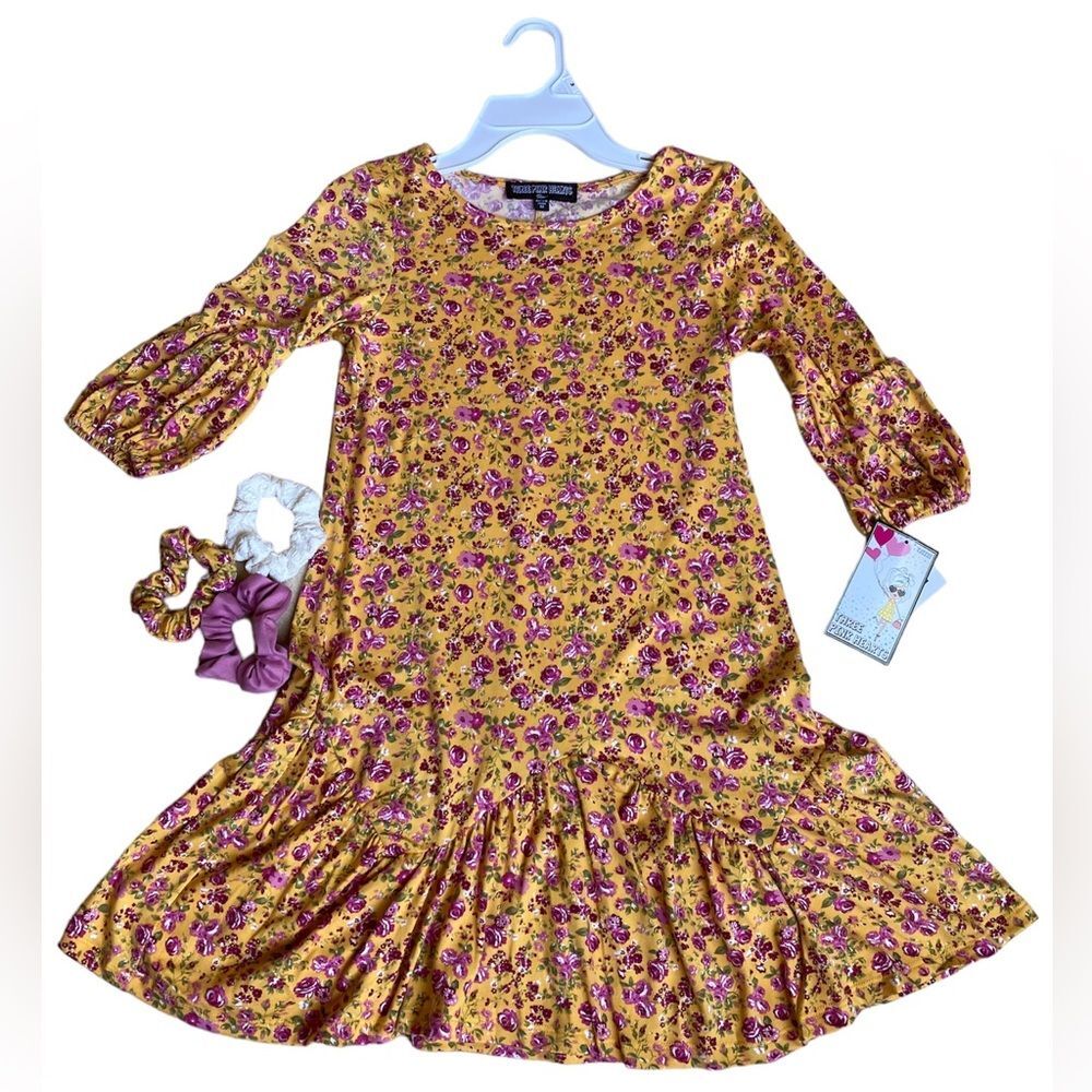 NWT 3 Pink Hearts Girls Dress Size Medium With Matching Scrunchies